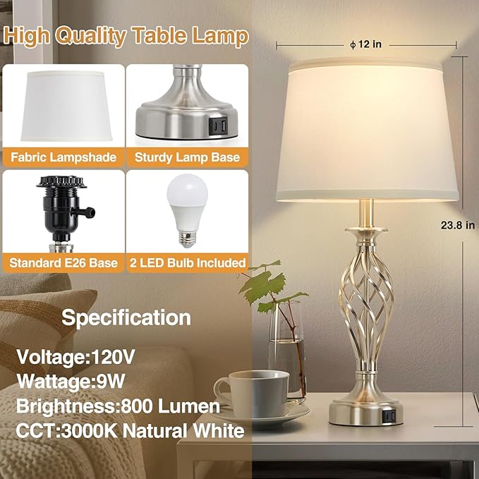 Table Lamp for Bedroom Set of 2 with USB C+A Ports, Modern Bedside Lamps with Spiral Cage Base, White Fabric Shade, Nightstand Lamp for Living Room Reading Bed Side End Table, 2 LED Bulbs Included