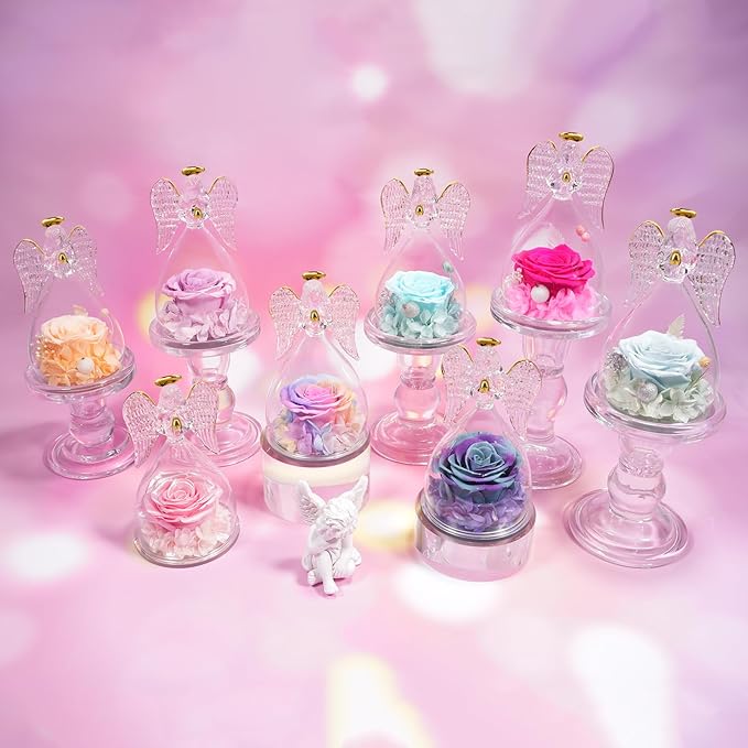 Sunia Preserved Flower Rose Gift for Women - Mother's Day Birthday Gifts for Mom Wife Grandma, Glass Angel Figurines Forever Real Roses Gifts for Her Valentine Day Thanksgiving﻿ (Champagne)