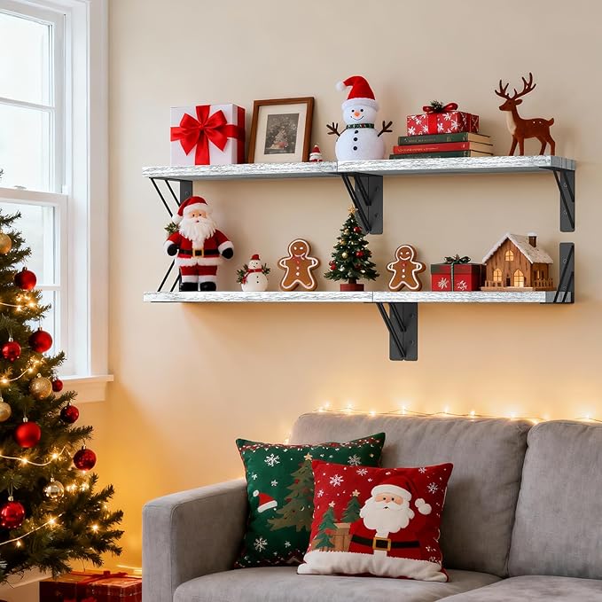 BAYKA Wall Shelves for Bedroom Decor, Floating Wall Shelves for Living Room Kitchen Storage, Wall Mounted Rustic Wood Floating Shelves for Kids Books, Corner Shelf for Bathroom(Gray White，Set of 4)