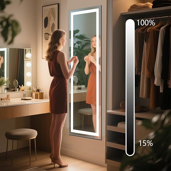 Kosmonia 66x22 Frameless Full Length Mirror, Dimmable 3 Color LED Light w/Memory Function, Distortion Free, HD Reflection & Anti Desilvering, Tempered Glass & Shatter Proof Film Doubling Safety