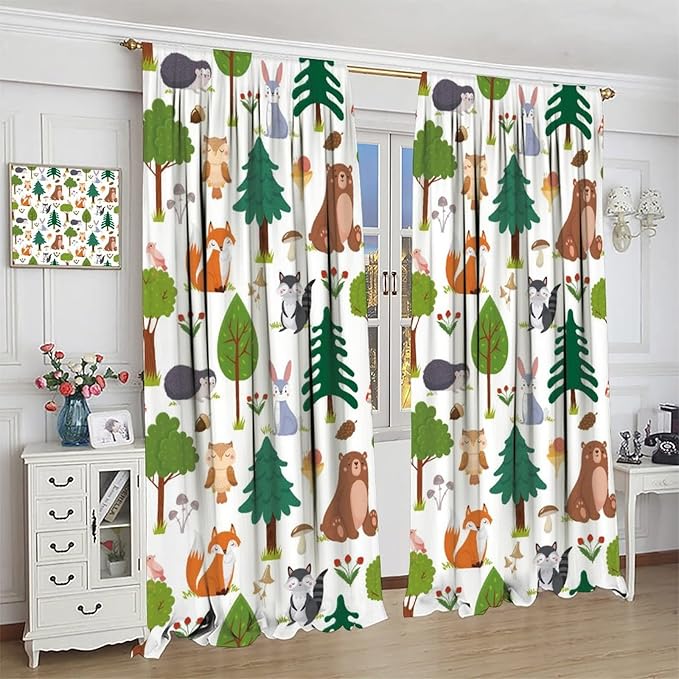 Kids Forest Animals Curtains Woodland Children's Cute Cartoon Funny Nursery Jungle Safari Leaves Nature 2 Panels Window Treatment Set for Living Room Decor 42X63 Inches