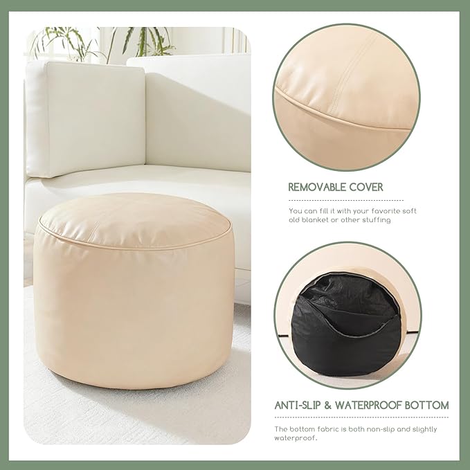 HIGOGOGO Round Stuffed Pouf Ottoman, Pu Leather Poufs with Foam Chunk Filling, Furry and Fluffy Pouf Foot Stool Storage Ottoman, 26 X 18 Floor Poufs Foot Rest for Living Room, Beige