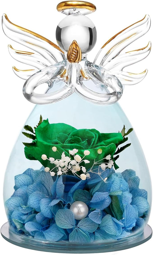 ANLUNOB Preserved Rose Birthday Gifts for Women Mom Grandma Wife, Glass Angel Figurines Gifts with Pretty Green Flowers for Anniversary Wedding