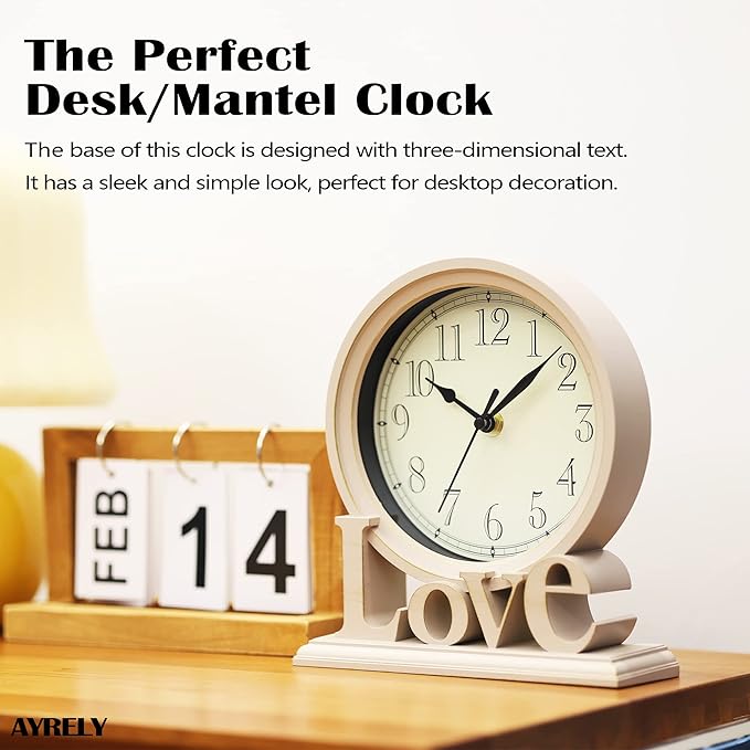 AYRELY® 6.5-Inches Table Clock, Vintage Family Non-Ticking Desk Clock, Retro Mantel Clocks for Living Room, Bedroom, Shelf, Fireplace, Farmhouse Décor (Ivory)