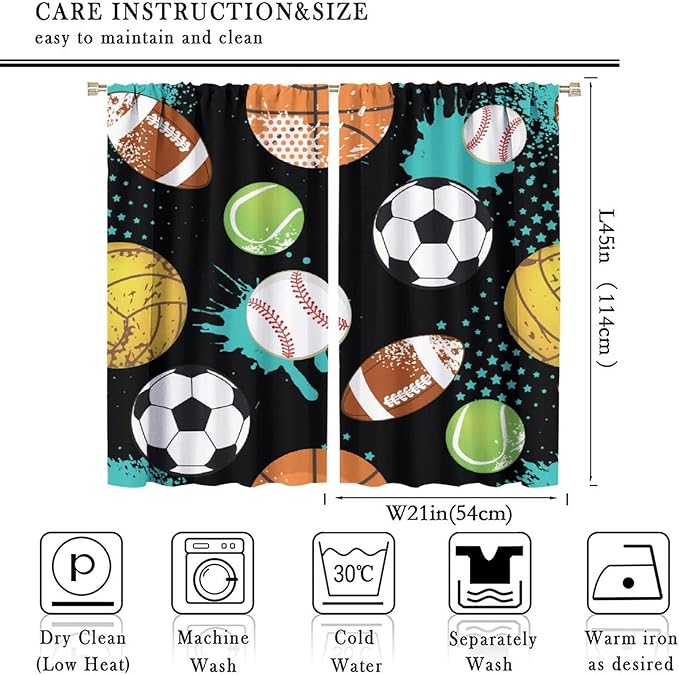 JESTRONRY Sport Window Curtains,Abstract Basketball Football Soccer Rugby Baseball Sports Theme Home Fabric Living Room Kids Boys Girls Teens Bedroom Home Decor Blackout Drapes W42xL45in