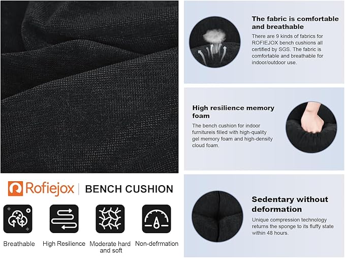 Bench Cushion 45 Inch - Chenille, High-Density Memory Foam, Non-Slip Bottom, Soft Durable Indoor Tufted Long Seat Cushion for Window Garden Furniture (Black, 45x18x4 Inch)