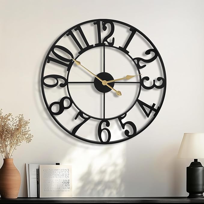 Large Wall Clocks for Living Room Decor, 18 Inch Round Black Metal Silent Non Ticking Battery Operated Jumbo Numerals Modern Vintage Decorative Clock Wall for Bedroom,Kitchen,Office,Farmhouse