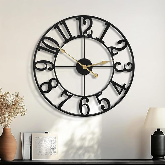 Large Wall Clocks for Living Room Decor, 18 Inch Round Black Metal Silent Non Ticking Battery Operated Jumbo Numerals Modern Vintage Decorative Clock Wall for Bedroom,Kitchen,Office,Farmhouse