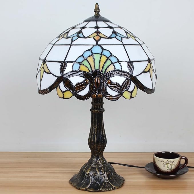 Bieye L10641 Baroque Tiffany Style Stained Glass Table Lamp Night Light with 12 inches Wide Lampshade Metal Base for Bedside Living Room Bedroom, Brown, 18-inch Tall