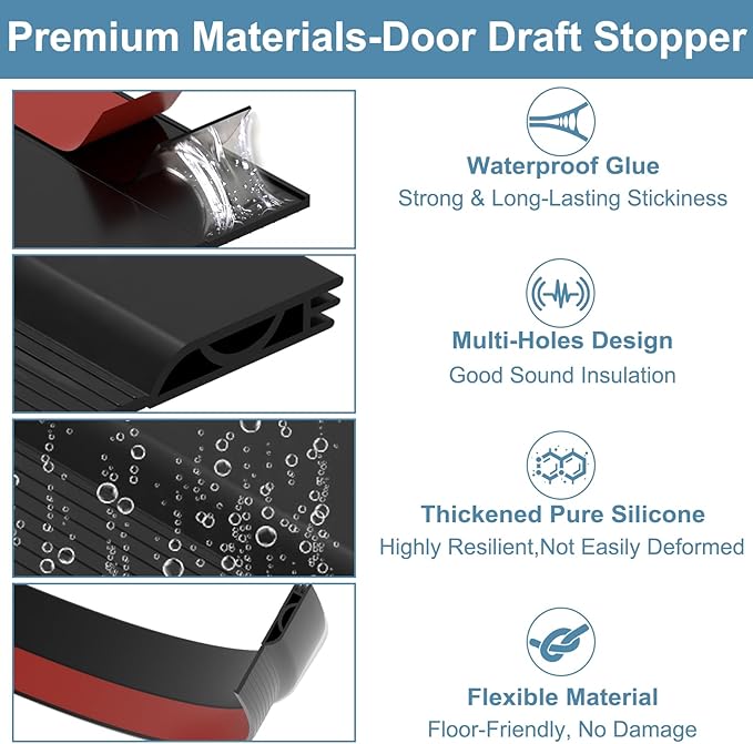 Door Draft Stopper, Adjustable Door Sweep for Bottom of Door, Under Door Gap Filler for Exterior & Interior Doors, Door Weather Stripping Blocks Noise and Cold Air (39Inch, Black)