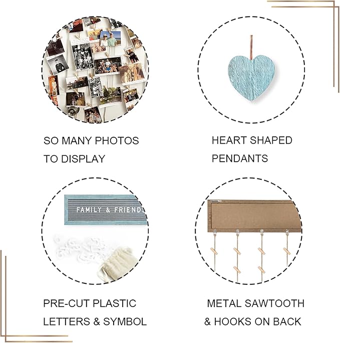 Buecasa Slotted Felt Board with 340 Letters and 30 Clips - Farmhouse Picture Frames Collage Wall Plaque - Multi Photos Cards Organizer 15.7x5 Inches (Teal)