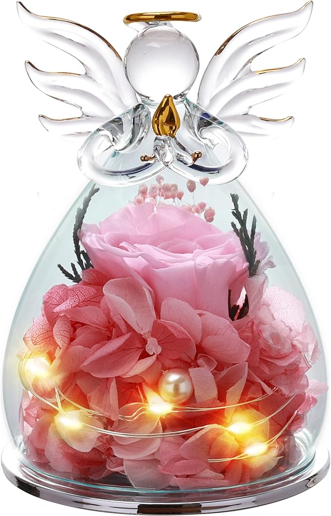 ANLUNOB Preserved Flowers Rose Birthday Gifts for Women, Angels with Pretty Pink Roses for Wedding