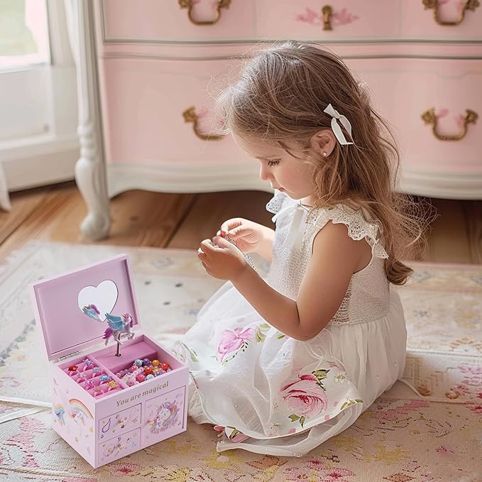 Lolalet Wooden Jewelry Box with Unicorn for Girls, Musical Children's Jewelry Organizer, Gift for Toddler Age 2 3 4 5 6 7 8 9 on Birthday -Pink