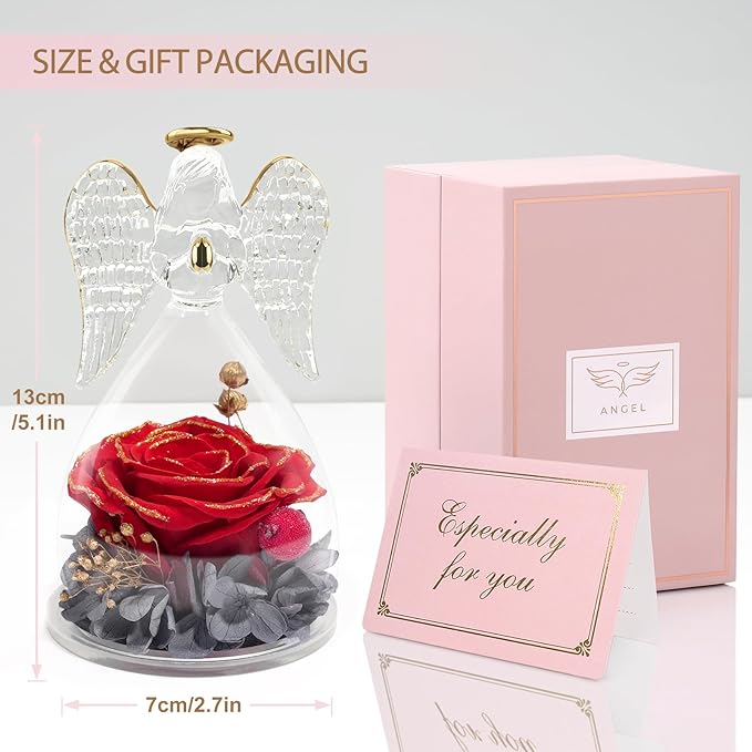Yamonic Mom Birthday Gifts for Moms, Angel Figurines with Real Rose Gifts for Her Mother Grandma, Preserved Flowers Rose Angel Figurines for Mothers Day Christmas Birthday Gifts for Women(Redgold)