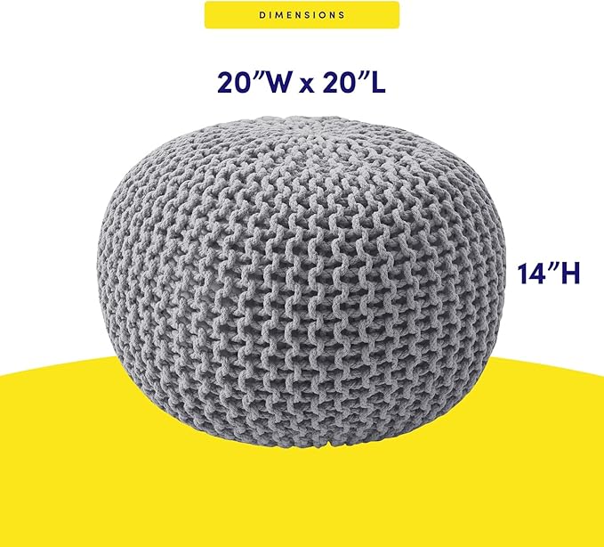 Pouf Ottoman Foot Rest Stuffed – 20” Diameter x 14” Tall Cozy Floor Pouf for Living Room, Bedroom, Nursery & More – 100% Cotton Knit Shell, EPS Bead Filled Footrest & Accent Chair, Gray