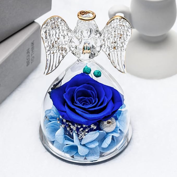 Yamonic Mom Birthday Gifts for Mom, Angel Figurines with Real Rose Gifts for Her Mom Grandma,Preserved Flowers Rose Angel Figurines for Mothers Day Christmas Anniversary Birthday Gifts for Her (Blue)