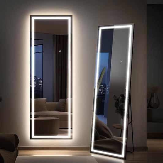 Kosmonia 66x22 Frameless Full Length Mirror, Dimmable 3 Color LED Light w/Memory Function, Distortion Free, HD Reflection & Anti Desilvering, Tempered Glass & Shatter Proof Film Doubling Safety