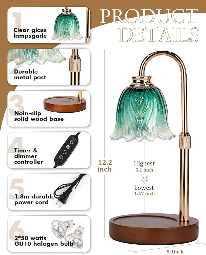 Candle Warmer Lamp, Gold Candle Lamp Warmer with Timer & Dimmer with 2 Bulbs, Birthday Gifts for Women Mom, Christmas Gifts, House Warming Gifts New Home Bedroom Decor, Height Adjustable