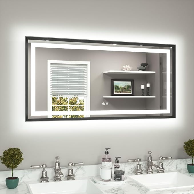 TETOTE 48 x 24 Bathroom LED Mirror Brushed Black Metal Frame Frontlit & Backlit Vanity Mirror Stepless Dimmable Anti-Fog 3 Colors White/Warm/Natural Light up Vanity Mirror Wall-Mounted
