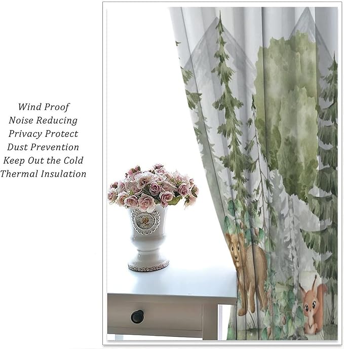 Kids Forest Animal Curtains,Fox Elk Bird Animal Watercolor Woodland Print Curtains Kids Nursery Bedroom Living Room Home Decoration 42x45 Inch