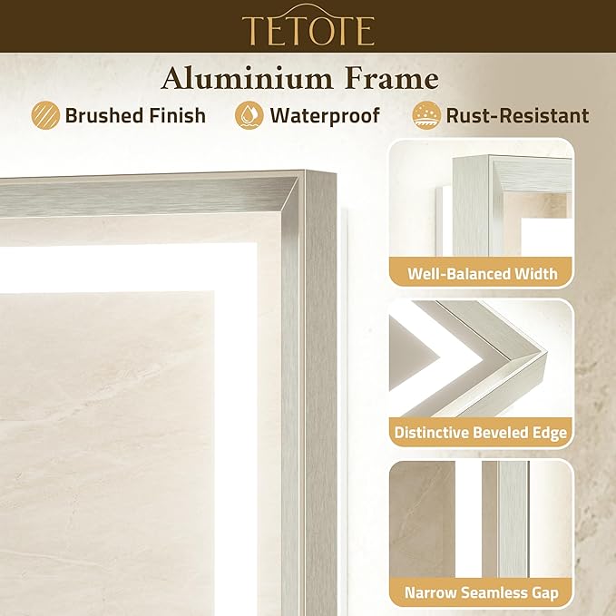 TETOTE 60 x 28 Large Bathroom Mirror Brushed Nickel Metal Frame Frontlit & Backlit Vanity Mirror 3 Colors White/Warm/Natural Stepless Dimmable Anti-Fog Bathroom Mirrors for Vanity Wall-Mounted