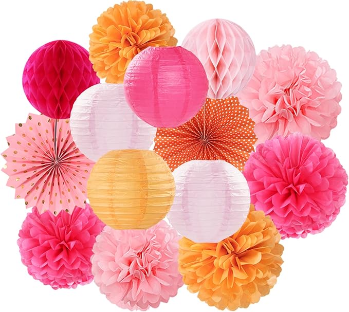 Hot-Pink Burnt-Orange Party-Decorations Streamers Lanterns - 14pcs Fall Birthday Baby Shower Paper Honeycomb Fan,Tissue Pom Poms, Autumn Thanksgiving Bridal Wedding Graduation Decor Ouruola