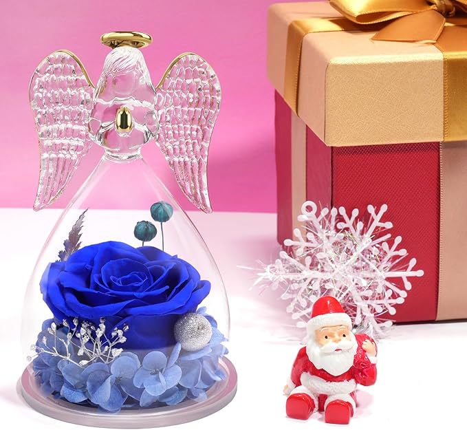 Yamonic Mom Birthday Gifts for Mom, Angel Figurines with Real Rose Gifts for Her Mom Grandma,Preserved Flowers Rose Angel Figurines for Mothers Day Christmas Anniversary Birthday Gifts for Her (Blue)