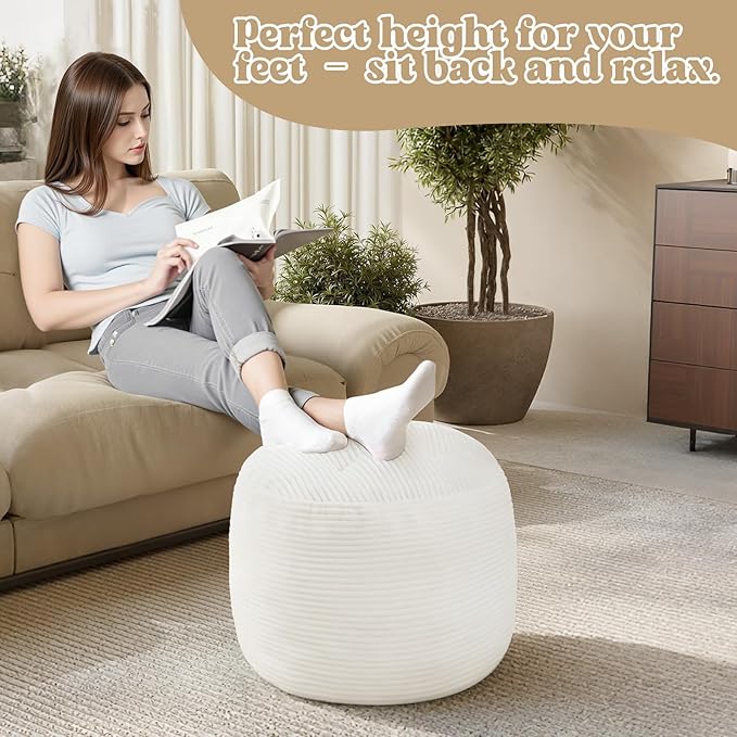 MeMoreCool Stuffed Round Pouf Ottoman Foot Rest, Floor Pouf Foot Stool with Soft Foam Chunk Filling, Round Small Ottoman Footstool Circle Footrest for Couch Living Room, Corduroy Beige