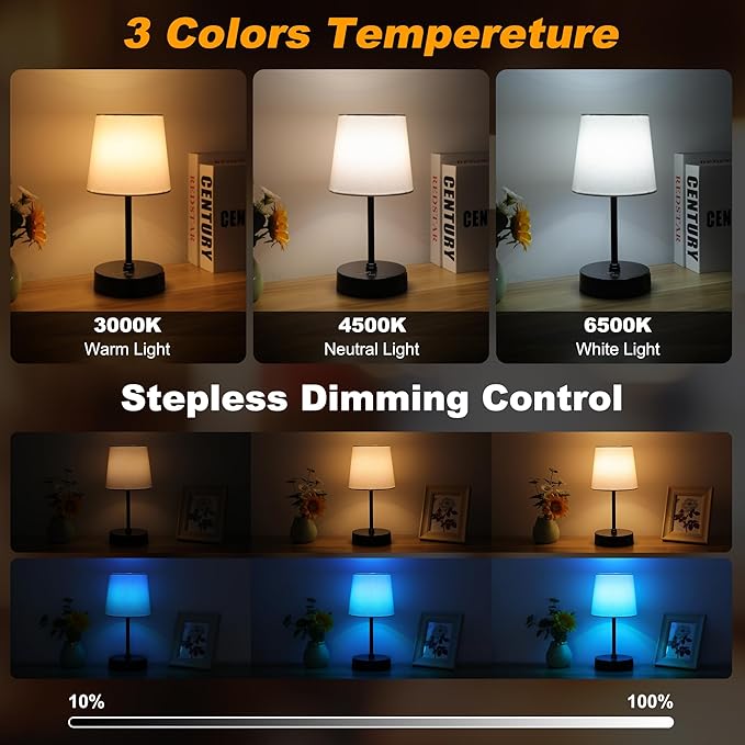 Ascher Small Bedside Table lamp, RGB Color Changing Lamps, 3 Color Temperatures, Dimmable Nightstand Lamp with USB C+A Ports, Touch Desk Lamp for Bedroom Living Room, H11.4in(White Shade)