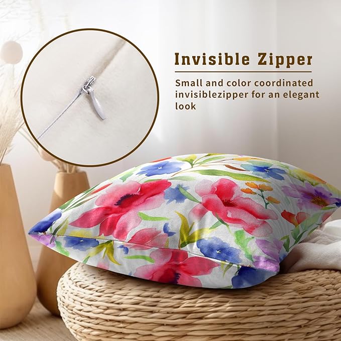 Spring Summer Throw Pillow Covers - Watercolor Flowers Pillow Covers 18x18 Inch Set of 2 Floral Pillowcase Botanical Blossom Cushion Cover for Couch Sofa Garden Patio