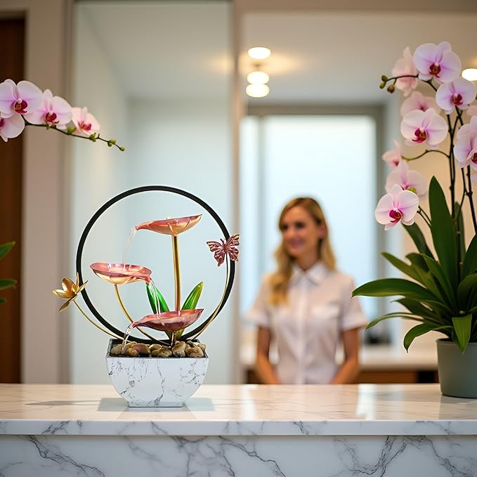 Pink Indoor Table Top Fall Decor Indoor Relaxation Water Fountain, Waterfall, Small Fountains with LED Lights Zen Meditation Fountains.