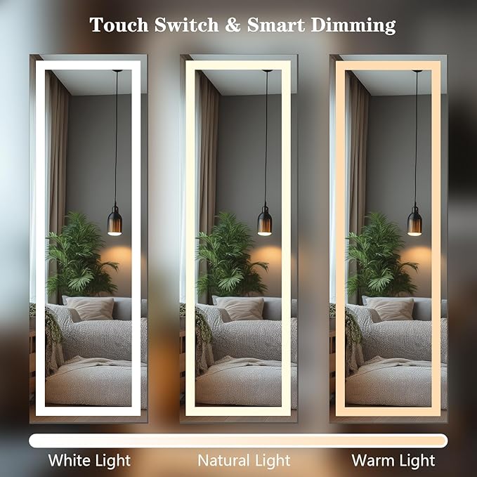 Kosmonia 66x22 Frameless Full Length Mirror, Dimmable 3 Color LED Light w/Memory Function, Distortion Free, HD Reflection & Anti Desilvering, Tempered Glass & Shatter Proof Film Doubling Safety