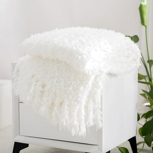 Winter Knit Throw Blanket Fluffy Fuzzy Soft Lightweight Cozy Farmhouse Tassels Chunky Knitted Throws for Couch Sofa Bed (White, 50"x60")
