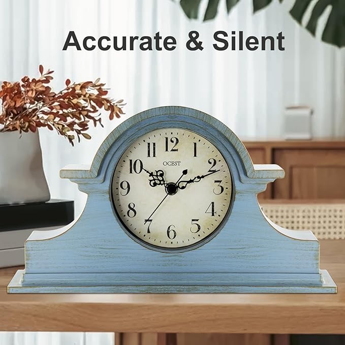 OCEST Vintage Farmhouse Mantel Clock - 13 x 7 Inch Quartz Gilt Finish Battery Operated, Contemporary Napoleon Classic Desk & Shelf Décor for Living Room Office Tabletop Bedside (Azure Blue)
