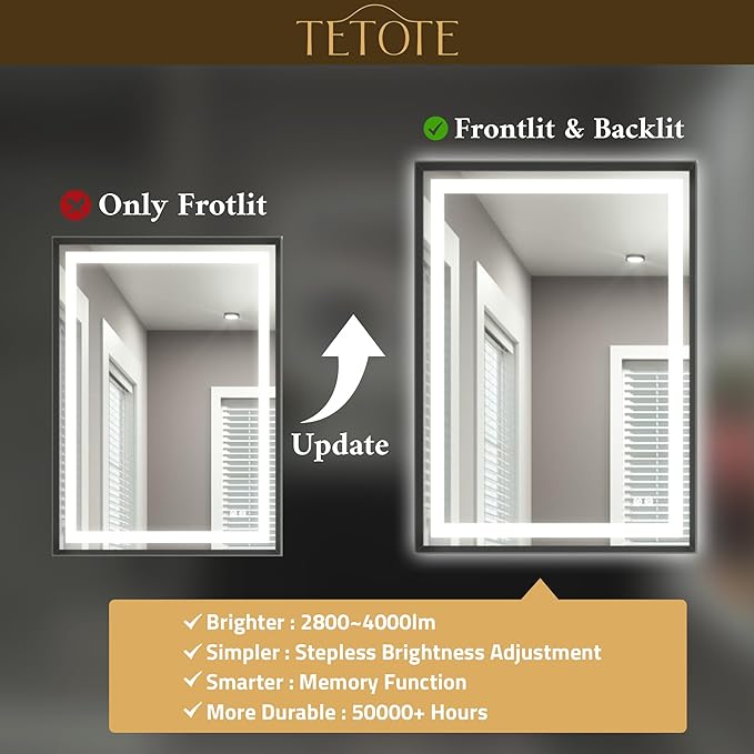 TETOTE 42 x 36 Led Mirror Brushed Black Metal Frame Frontlit & Backlit Vanity Mirror Anti-Fog Stepless Dimmable 3 Colors White/Warm/Natural Wall Mirror with Lights Wall-Mounted