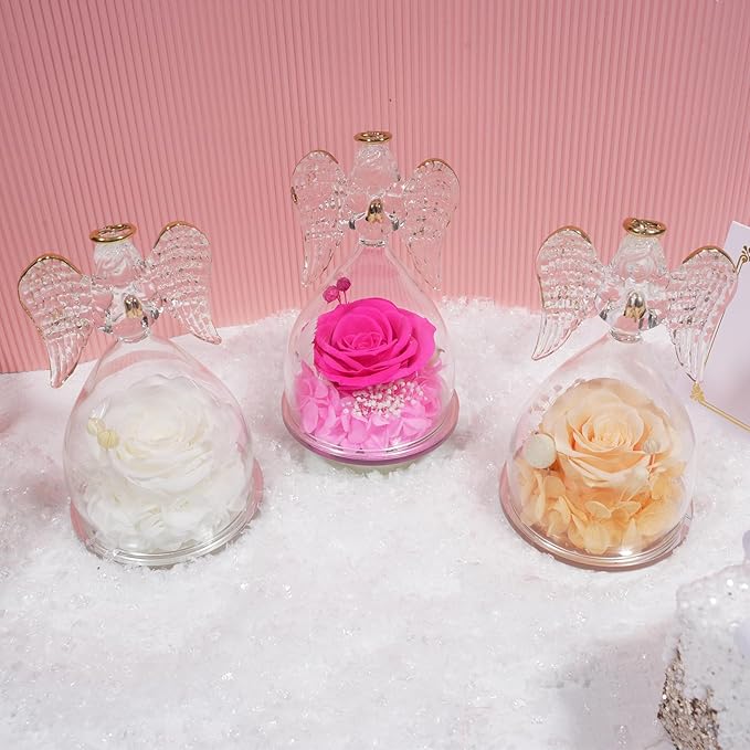 Yamonic Birthday Gifts for Mom,Christmas Angel Figurines with Real Rose Gifts for Her Mom Grandma,Preserved Flowers Rose Glass Angel Figurine for Mothers Day Christmas Birthday Gifts for Her(Hotpink)