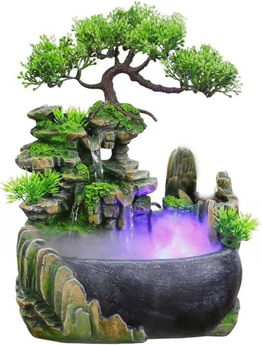 11-Inch Tabletop LED Waterfall Fountain with Atomizer – Quiet Resin Rockery Mist Humidifier for Bedroom, Office, Meditation or Gift Décor