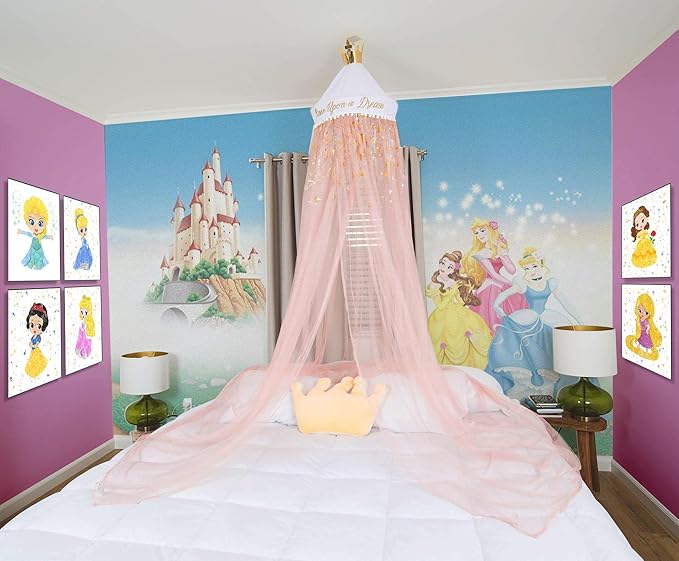 Disney Princess Kids Bed Canopy Curtains for Ceiling, Hanging Mosquito Netting Cover for Reading Nook, Sleeping Tent | Fairytale Playroom Accessories, Home Decor Room Essentials
