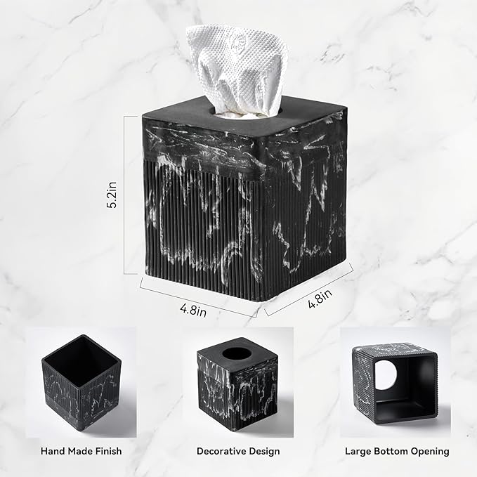 Tissue Box Cover Square Resin Tissue Holder for Home Decor, Hand Poured Marble Tissue Box Holder, 5 x 5 x 5.5 inches, Black