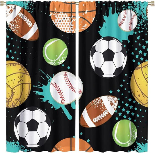 JESTRONRY Sport Window Curtains,Abstract Basketball Football Soccer Rugby Baseball Sports Theme Home Fabric Living Room Kids Boys Girls Teens Bedroom Home Decor Blackout Drapes W63xL63in