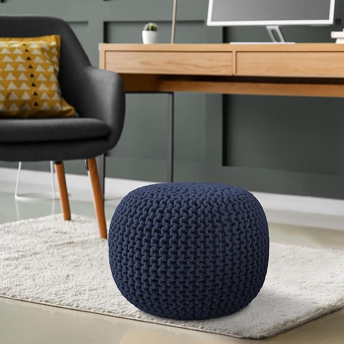 Casafield Round Pouf Ottoman, Navy Blue - 20" Diameter x 14.5" High Cotton Knit Foot Stool - Boho Floor Pouffe for Living Room, Bedroom, Home Office