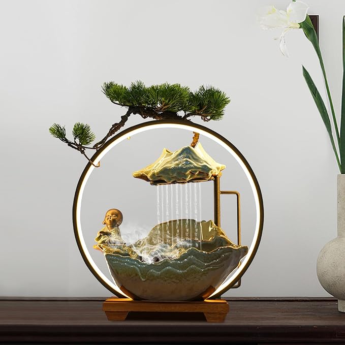 Ceramic Tabletop Fountain with Wood Stand, Indoor Waterfall Feature for Home Office Desk,Desktop Water Fountain Asian Zen Decor with LED Light for Relaxation