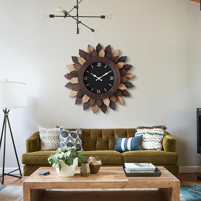 24'' Large Wall Clock for Living Room Deco Boho Decorative Big Oversized Silent Battery Operated Farmhouse Wood Wall Clock for Office Home Dinning Room Bedroom Kithen
