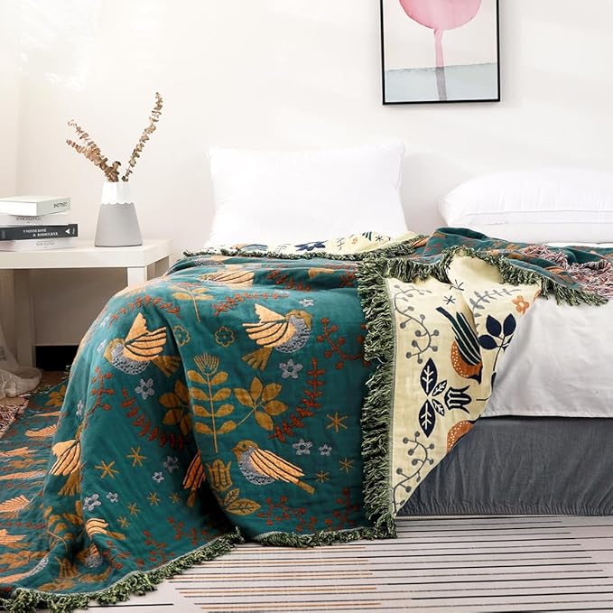 Boho Throw Blanket, 100% Organic Cotton Breathable Ultra Soft 80" x 90" Bed Quilt Throw - Floral Rustic Bird Farmhouse Decor Luxury Reversible Blanket for Sofa Couch Chair and Gift,Teal/Beige