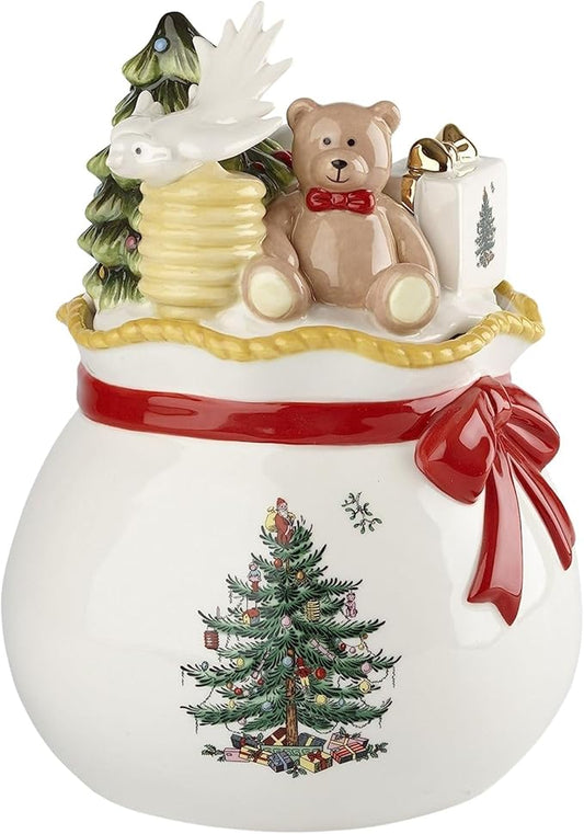 Spode Christmas Tree Candy Bowl with Lid, 8" Fine Earthenware Holiday Treat Storage Jar, Covered Box with Teddy Bear & Tree Motif, Holiday Serveware - Great for Festive Decor & Gifting