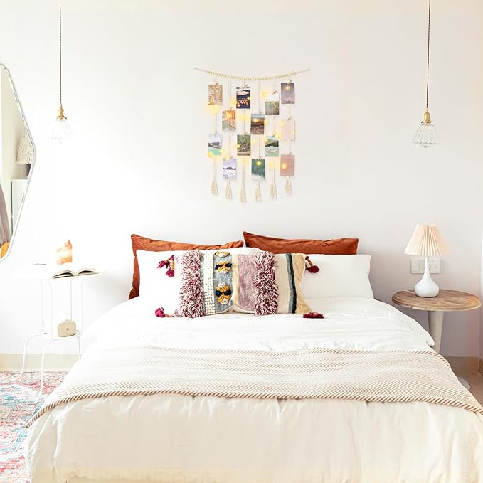 Mkono Macrame Hanging Photo Display Wall Decor with String Lights, Boho Wooden Beads Garland Collage Picture Card Frame Holder with 30 Clips for Bedroom Living Room Dorm, Teen Girls Christmas Gifts