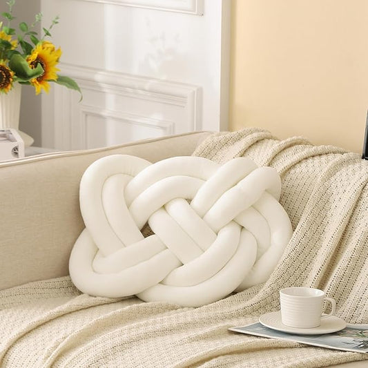 17.7in Knot Pillow Ball, Soft Velvet Decorative Throw Pillow for Couch Sofa, Decor Knotted Square Floor Pillow Cushions for Living Room (White)