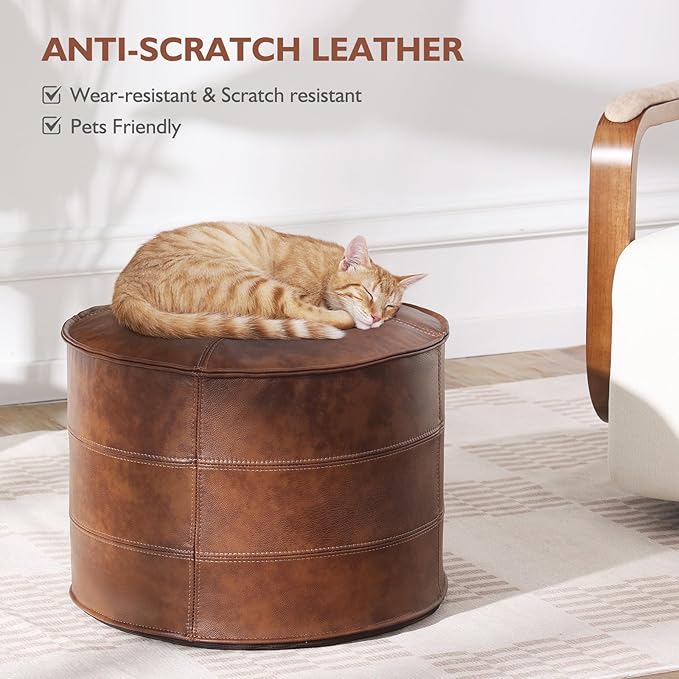 Leather Ottoman,Handmade Stuffed Square Ottoman,Genuine Leather Pouf, Foot Rest Pouf,Comfortable Soft Seating for Living Room & Bedroom (Brown, Round)