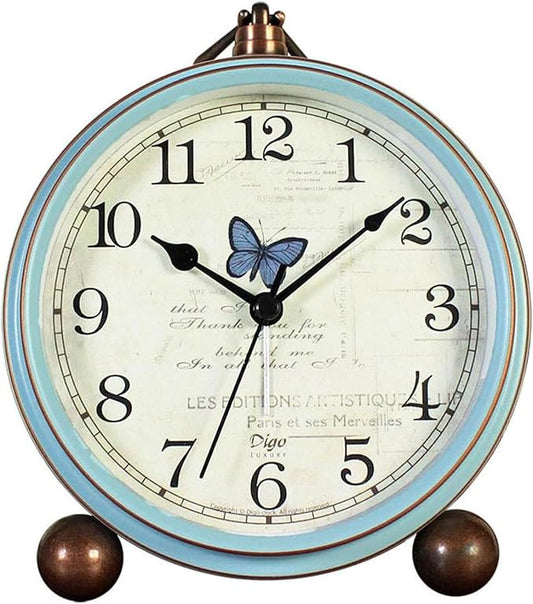 JUSTUP Table Clock, Vintage Non-Ticking Table Desk Alarm Clock Battery Operated with Quartz Movement HD Glass for Bedroom Living Room Office Desk(Butterfly)