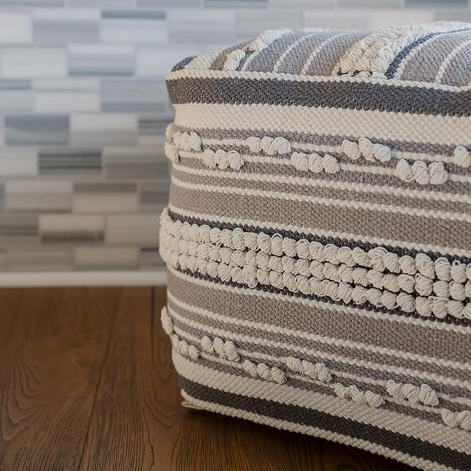 CG Hunter, Pouf Ottoman, Square Hand Woven Loop and Striped Ottoman Pouf for Living Room or Bedroom, Floor Chair, Foot Rest or Decorative Home Decor